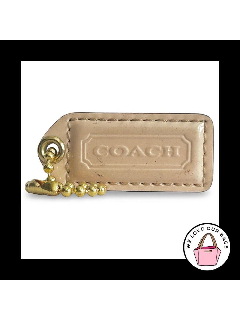 COACH Y2K VINTAGE Hang Tag 2" Beige Patent Leather Bag Charm Keychain Fob Brass
